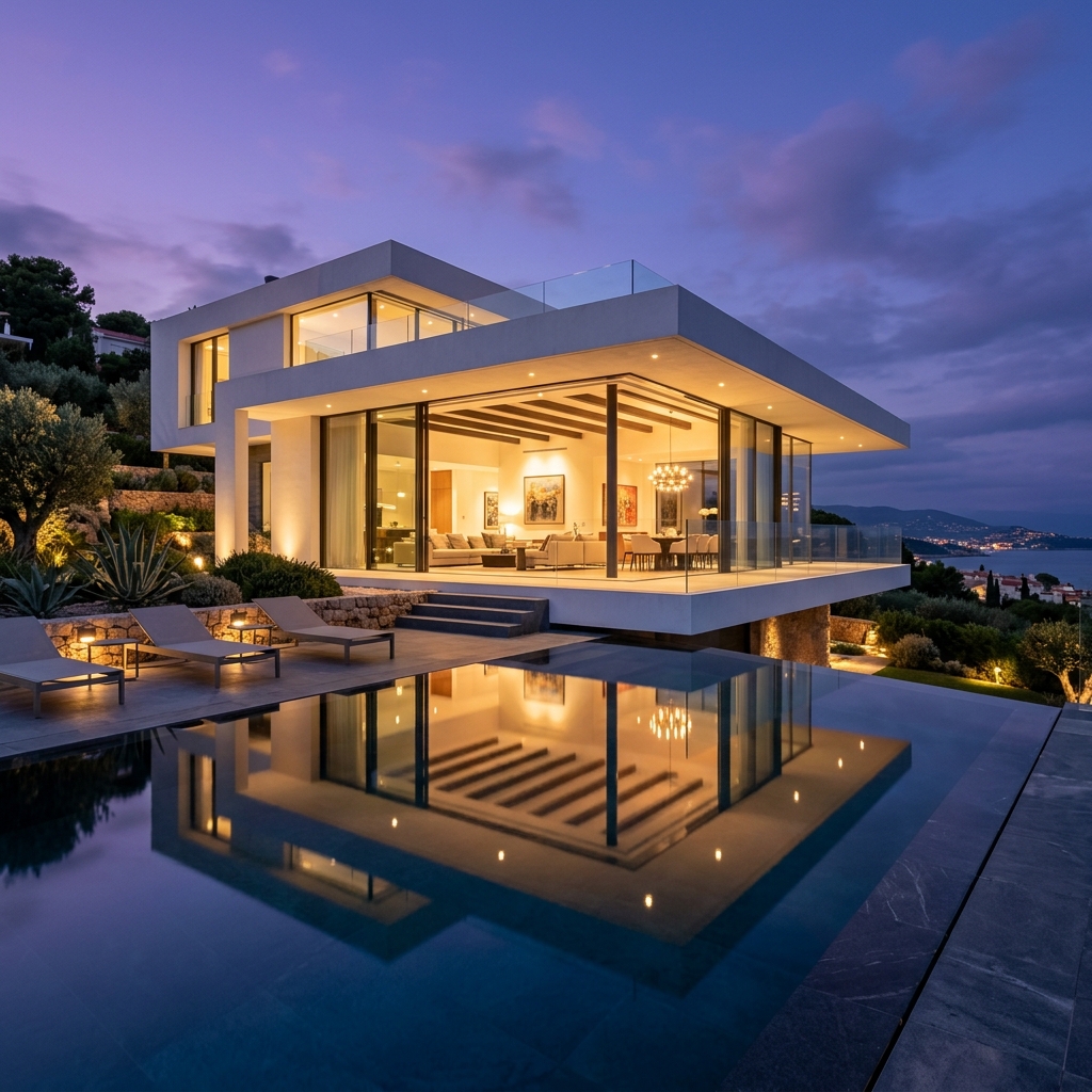 Modern Glass Luxury Villa at Twilight